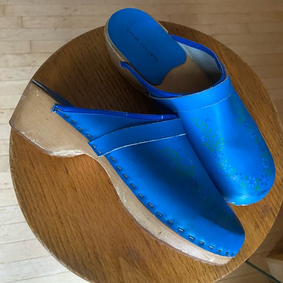 Shoes - Bright Blue Colin Stuart Leather Clogs with Floral Detail